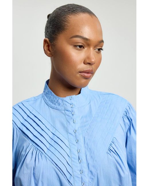 Karen Millen Blue Plus Size Cotton Pleated High Neck Balloon Sleeve Woven Blouse