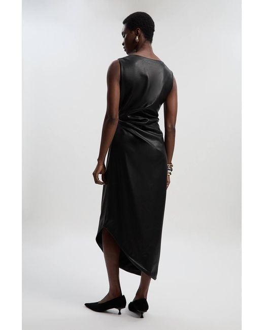 Karen Millen Black Faux Leather Ruched Asymmetric Pencil Dress