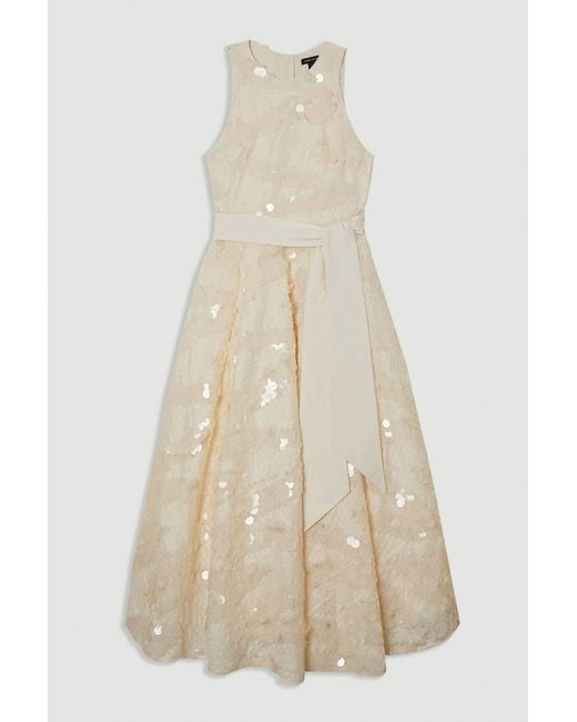 Karen Millen Natural Textured Sequin Floral Belted Woven Tie Maxi Prom Dress