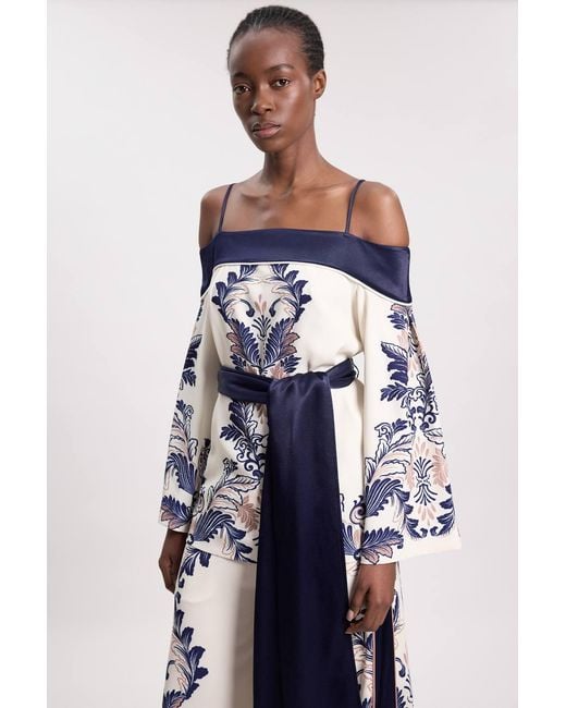 Karen Millen Blue Scarf Print Belted Woven Bardot Top
