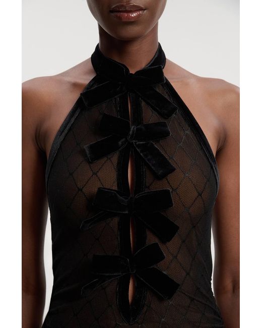 Karen Millen Black Mesh With Velvet Bow Trim Detail Halter Neck Midi Dress