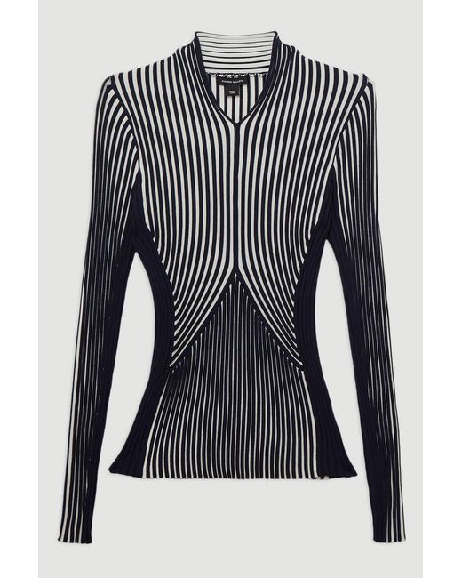 Karen Millen Blue Petite Stripe Fitted Long Sleeve Knitted Top