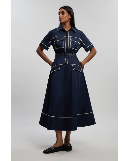 Karen Millen Blue Cotton Sateen Button Detail Woven Midi Shirt Dress With Contrast Piping