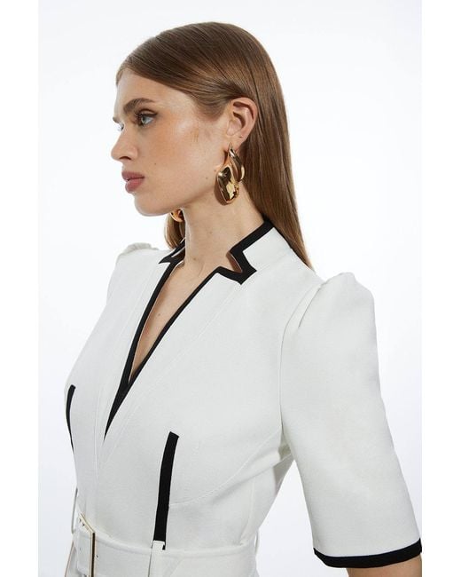 Karen Millen White Compact Stretch Contrast Tipped Forever Belted Tailored Midi Dress