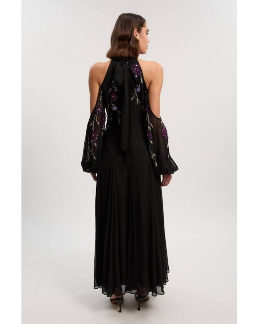 Karen Millen Black Cold Shoulder 3D Floral Applique Woven Maxi Dress