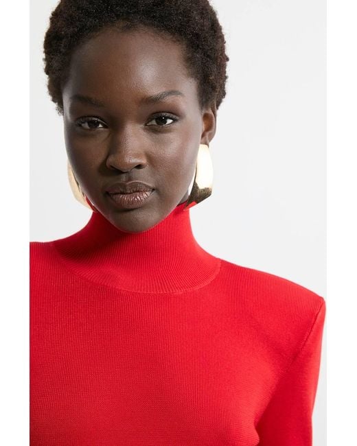 Karen Millen Red Slinky Drape Knit Power Shoulder Funnel Neck Top