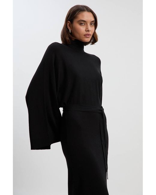 Karen Millen Black Viscose Blend Funnel Neck Belted Knitted Midi Dress