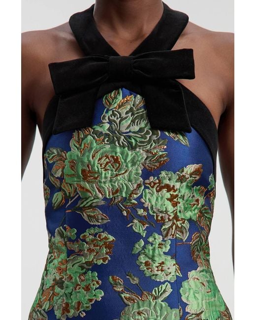 Karen Millen Green Velvet And Jacquard Contrast Halterneck Tailored Mini Dress
