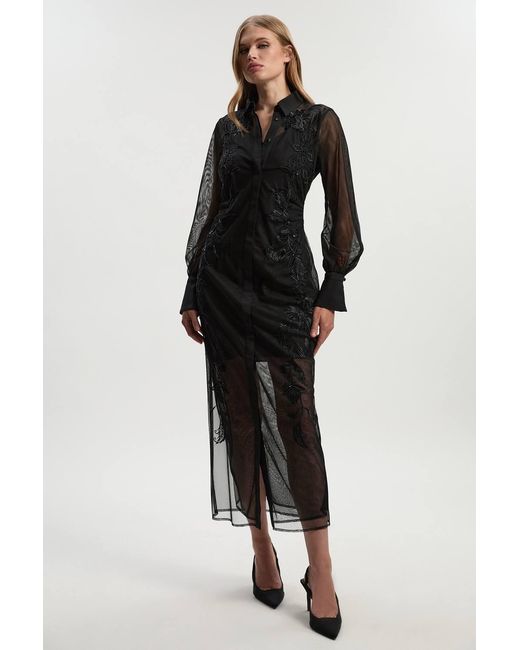 Karen Millen Black Archive Mesh Embellished Embroidered Sheer Shirt Dress