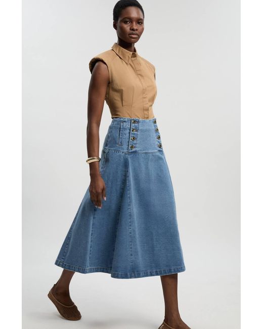 Karen Millen Blue Denim Button Front Skirt