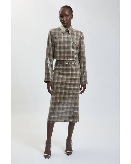 Karen Millen Brown Sequin Tailored Belted Midi Skirt