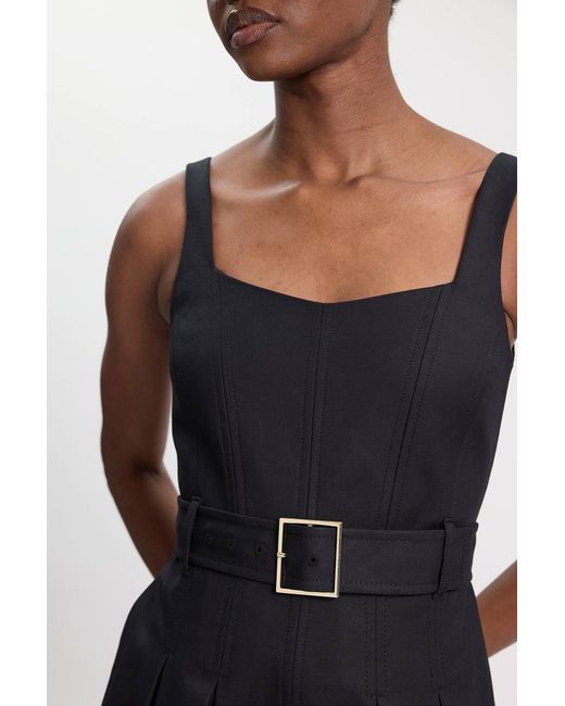 Karen Millen White Premium Cotton Tailored Fabric Belted Buckle Midi Dress