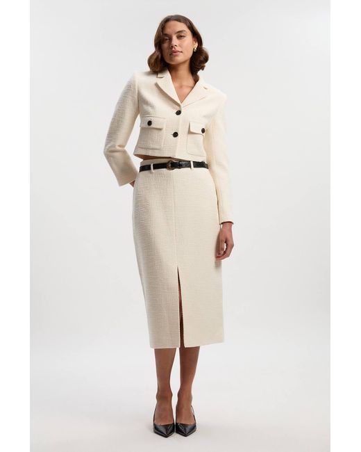 Karen Millen Natural Textured Tweed Pocket Front Tailored Cropped Jacket