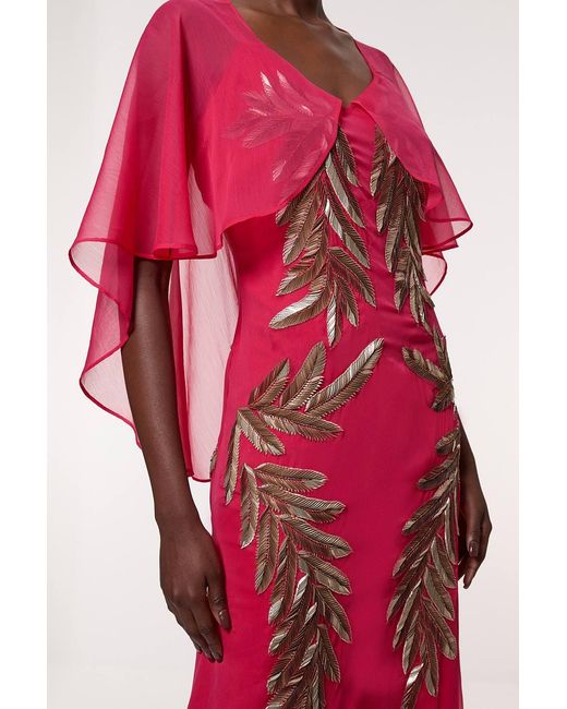 Karen Millen Red Feather Embellished Woven Cape Sleeve Maxi Dress