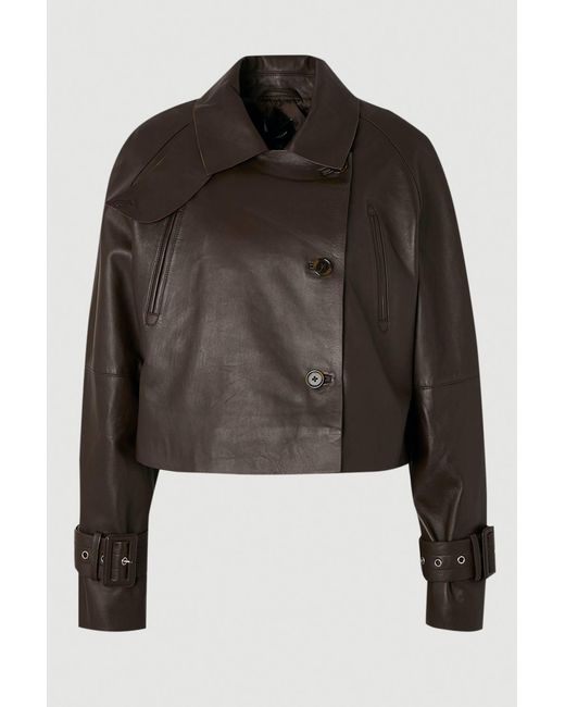 Karen Millen Black Petite Leather High Neck Crop Trench Coat