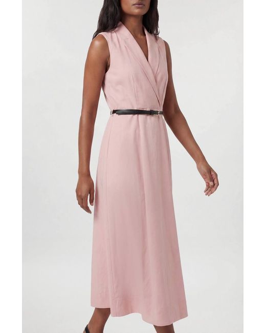 Karen Millen Pink Premium Viscose Linen Tailored Belted Full Skirted Midi Dress
