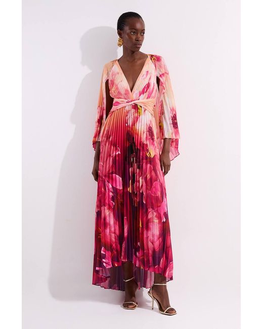 Karen Millen Red Ombre Floral Soft Pleated Woven Maxi Dress With Cape Detail