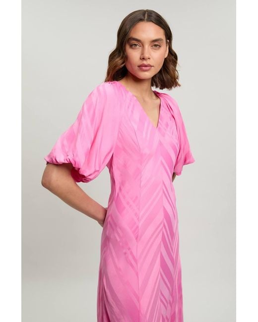 Karen Millen Pink Stripe Fabric Detail Fluid Short Sleeve Midi Dress