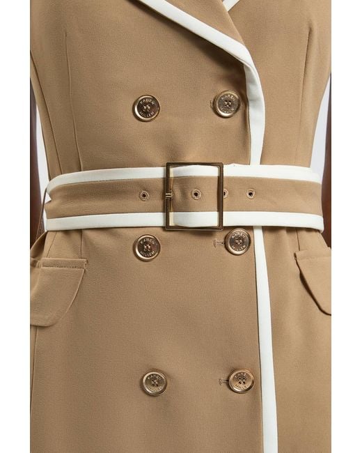 Karen Millen Natural Petite Double Breasted Belted Tipped Tailored Midi Dress