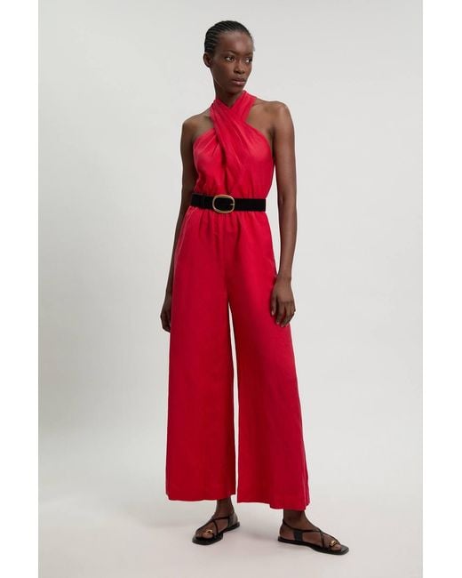 Karen Millen Red Viscose Linen Belted Halterneck Woven Jumpsuit