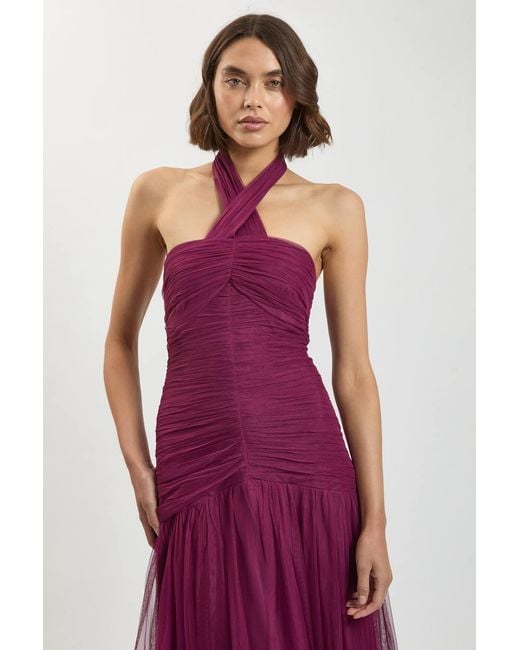 Karen Millen Purple Halterneck Tulle Maxi Dress