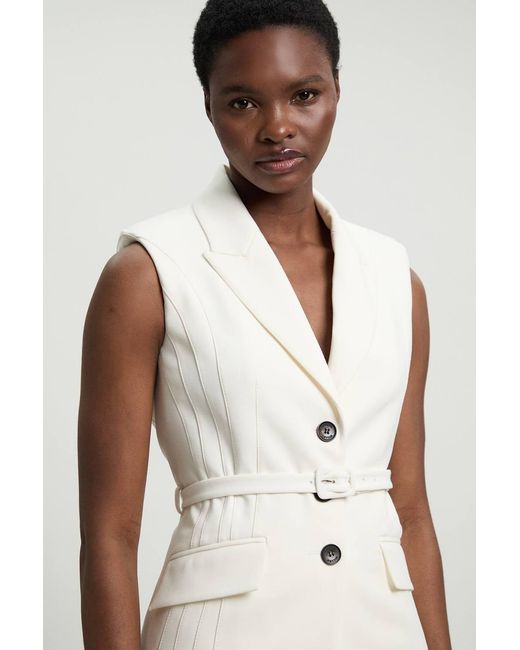 Karen Millen White Petite Tailored Structured Crepe Belted Sleeveless Blazer