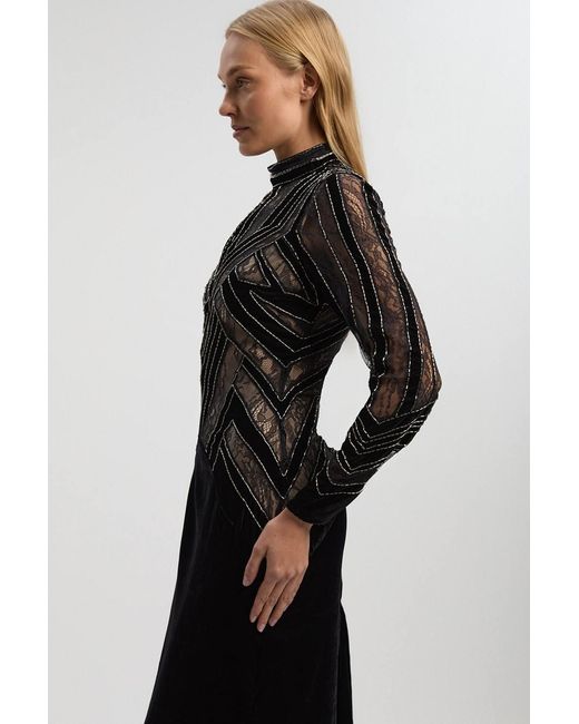 Karen Millen Black Velvet Embellished Long Sleeve Maxi Dress