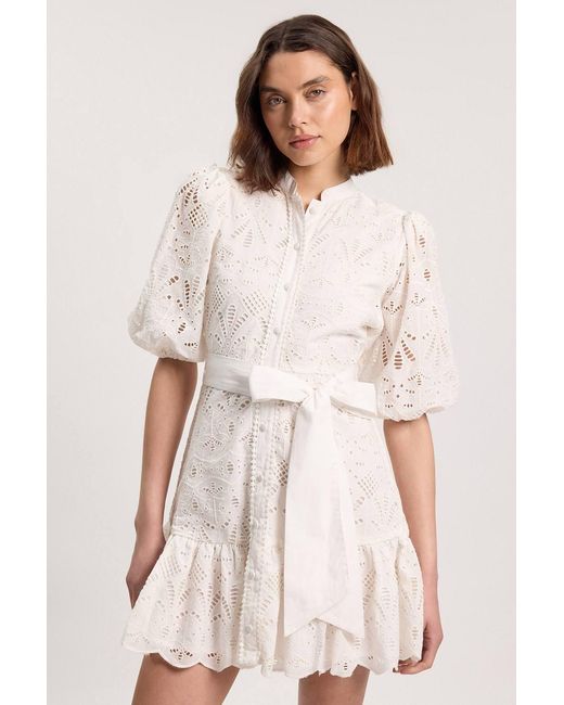 Karen Millen Natural Scalloped Hem Broderie Mini Shirt Dress