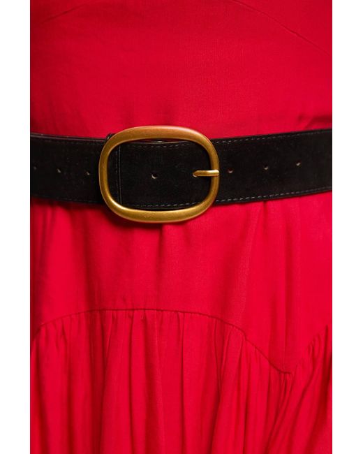 Karen Millen Red Petite Viscose Linen Belted Drop Waist Woven Midi Dress