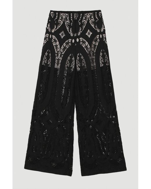 Karen Millen Black Sheer Georgette Cutwork Woven Wide Leg Trouser
