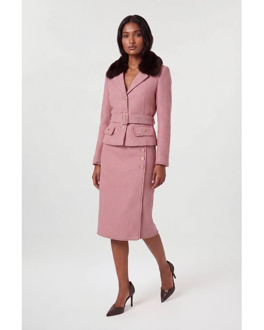 Karen Millen Pink Texture Tweed Button Midi Pencil Skirt