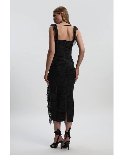 Karen Millen Black Bandage Mesh Gathered Ruffle Knitted Maxi Dress