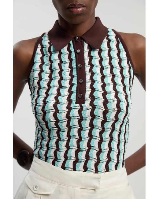 Karen Millen Natural Knit Contrast Collar Pointelle Sleeveless Midi Top