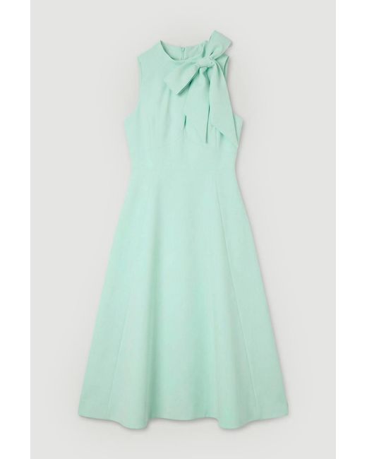 Karen Millen Green Compact Stretch Bow Tie Neck Full Skirted Midi Dress