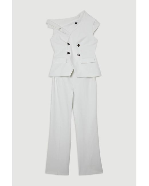 Karen Millen White Compact Stretch Asymmetric Collar Wide Leg Tailored Jumpsuit