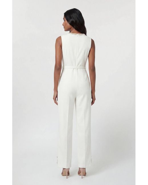 Karen Millen White Compact Stretch Embellished Trim Tailored Wide Leg Jumpsuit