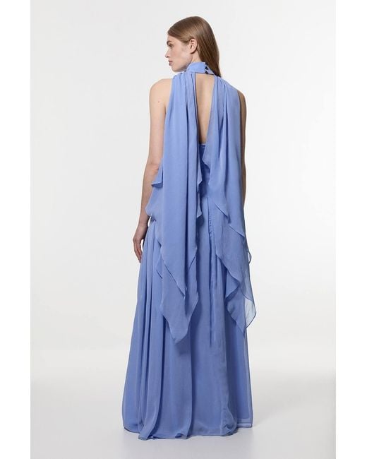 Karen Millen Blue Petite Crinkle Cross Front Georgette Woven Maxi Dress