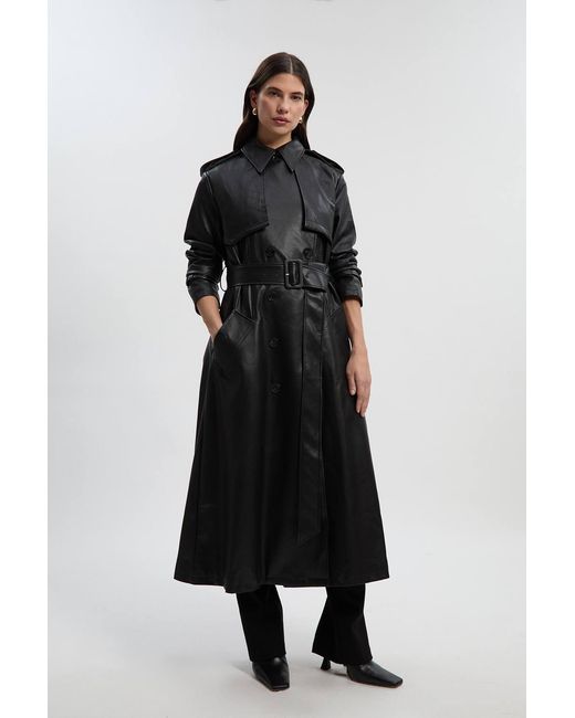 Karen Millen Black Tailored Faux Leather Belted Trench Coat