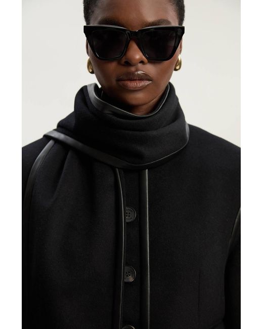 Karen Millen Black Brushed Wool Pu Mix Detachable Scarf Tailored Crop Coat