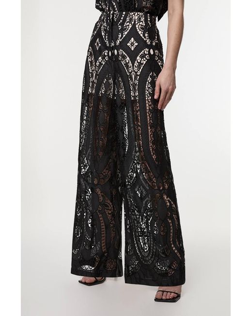 Karen Millen Black Sheer Georgette Cutwork Woven Wide Leg Trouser