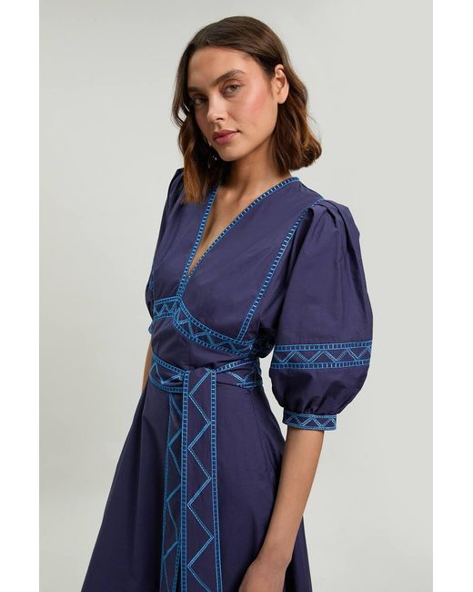 Karen Millen Blue Embroidered Detail Belted Midi Dress