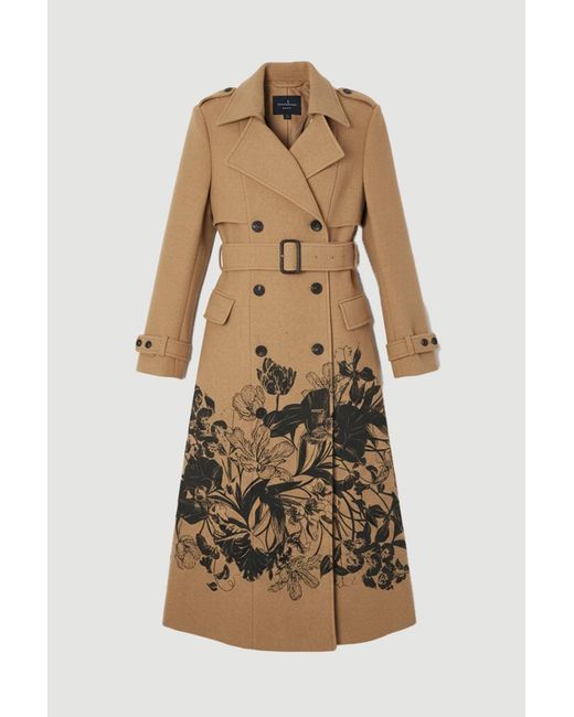 Karen Millen Brown Wool Placement Print Tailored Double Breasted Belted Midi Coat