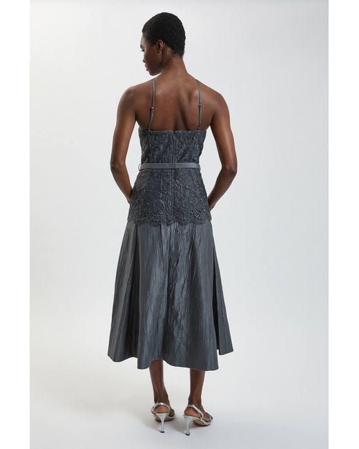 Karen Millen Blue Textured Sateen Lace Halter Neck Belted Midi Dress