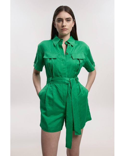 Karen Millen Green Viscose Linen Woven Belted Playsuit