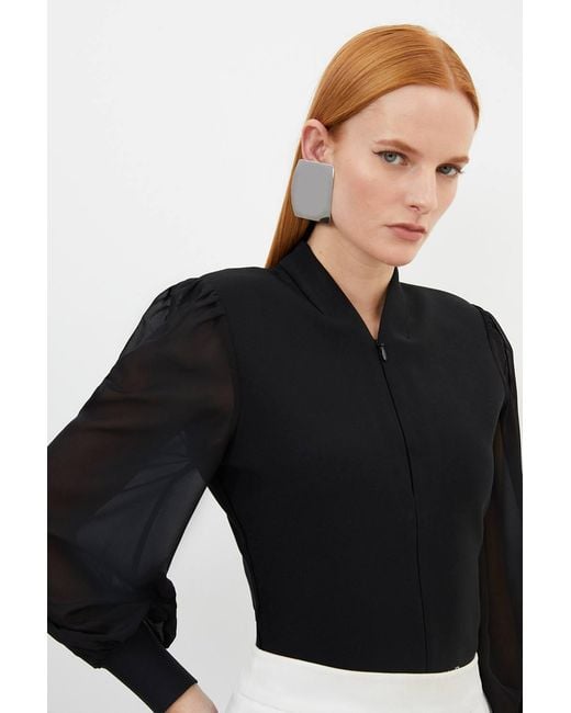 Karen Millen Black Bandage Figure Form Zip Detail Chiffon Sleeve Knit Top