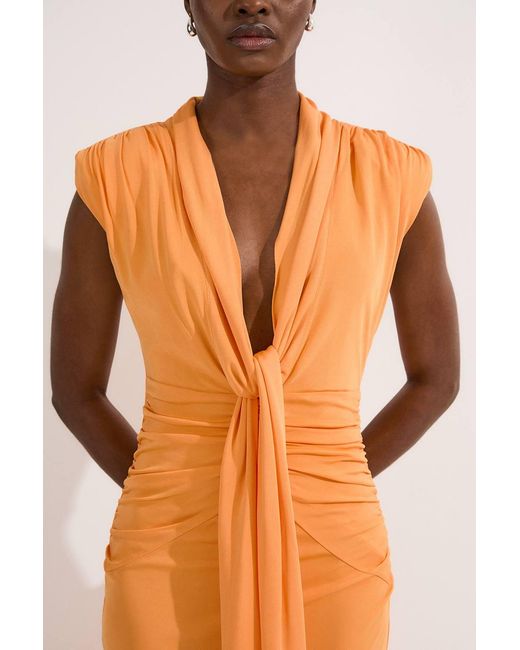 Karen Millen Orange Plunge Ruched Twist Jersey Maxi Dress