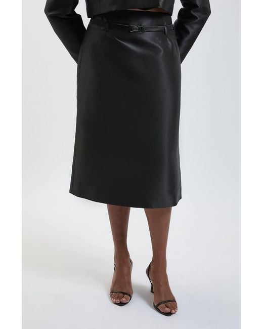 Karen Millen Black Plus Size Forever Satin Twill Belted Tailored Midi Skirt