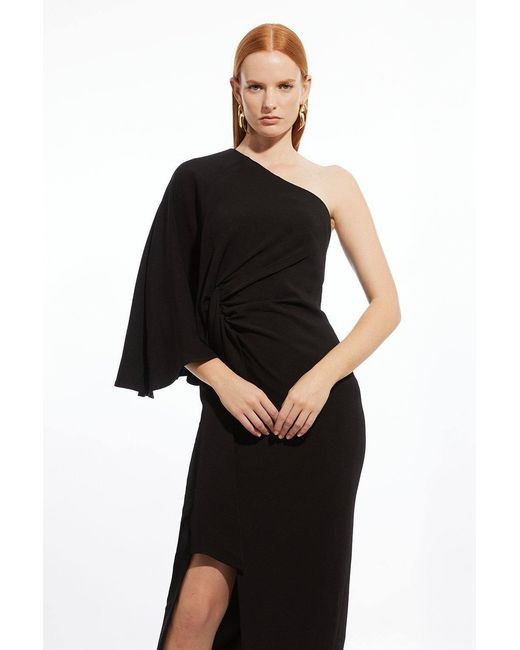 Karen Millen Black Compact Stretch Viscose Drape Sleeve One Shoulder Tailored Maxi Dress