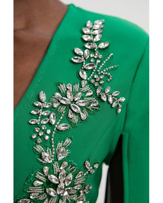 Karen Millen Green Bandage Form Fitting Cape Sleeve Embellished Mini Dress