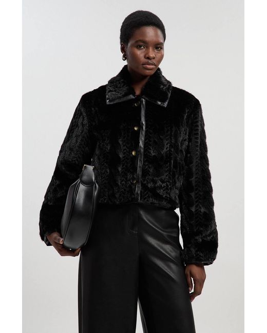 Karen Millen Black Textured Faux Fur Tailored Coat